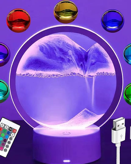 3DMoving Sand Art,360° Rotating Hourglass Decoration table lamp ,7 Color Changing Sand Liquid Motion Desk Lamp,RGB Color Creative Sea Quicksand Moving Sand Art Picture Night Light(Purple with Remote) - LeafyLoom