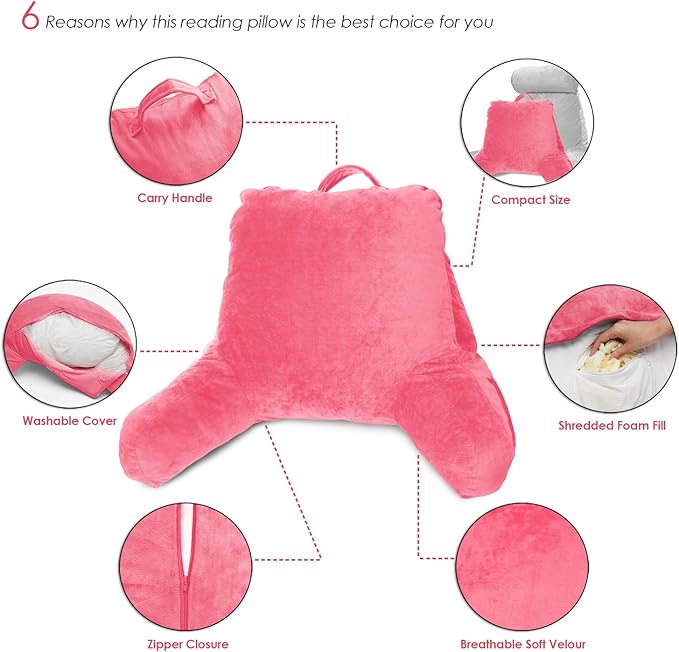 Clara Clark Reading Pillow for Kids, Small Back Pillow for Sitting Up in Bed, Memory Foam Back Support Pillow, Reading Pillows for Sitting in Bed, Light Pink Gaming Pillow with Arms and Pockets - LeafyLoom