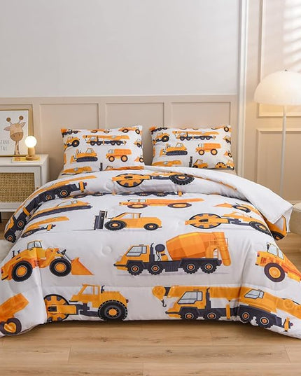 NTBED Construction Truck Comforter Set for Boys Kids Vehicles Excavator Cars Lightweight Microfiber Bedding Sets (White,Full) - LeafyLoom