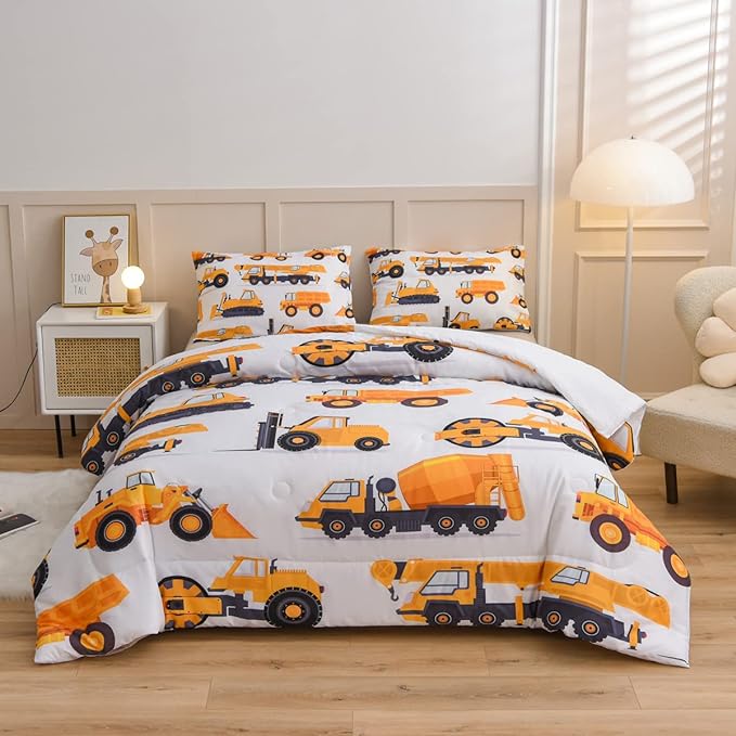 NTBED Construction Truck Comforter Set for Boys Kids Vehicles Excavator Cars Lightweight Microfiber Bedding Sets (White,Full) - LeafyLoom