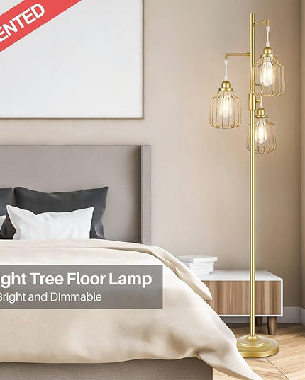 Dimmable Industrial Floor Lamp with 3 LED Edsion Bulbs, Farmhouse Tall Standing Lamp for Living Room, Modern Gold Tree Floor Lamp, Bright Vintage Pole Light with Cage Shades for Bedroom Home Decor - LeafyLoom