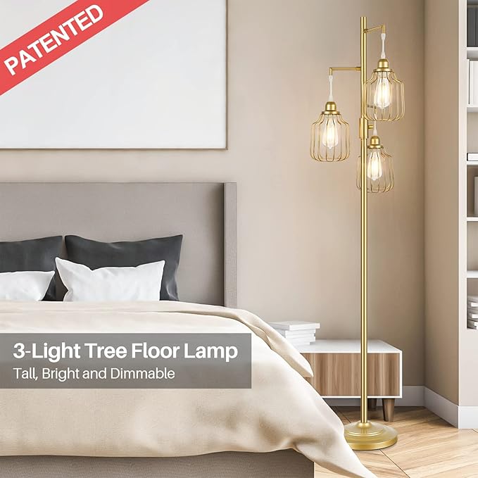Dimmable Industrial Floor Lamp with 3 LED Edsion Bulbs, Farmhouse Tall Standing Lamp for Living Room, Modern Gold Tree Floor Lamp, Bright Vintage Pole Light with Cage Shades for Bedroom Home Decor - LeafyLoom