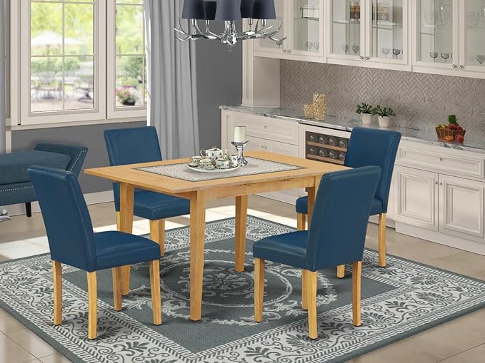 East West Furniture NOAB5-OAK-55 5 Piece Modern Dining Table Set Includes a Rectangle Wooden Table with Butterfly Leaf and 4 Oasis Blue Faux Leather Parson Chairs, 32x54 Inch, Oak - LeafyLoom