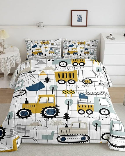 Feelyou Construction Comforter Set Full Size Kids Excavator Tractor Toddler Comforter Cartoon Car Equipment Trucks Plaid Grid Comforter Set Construction Vehicles WhiteDuvet Set Quilt Set - LeafyLoom