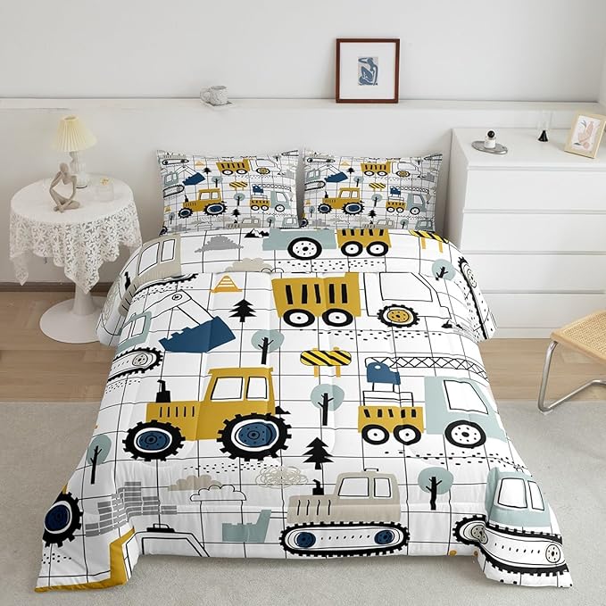 Feelyou Construction Comforter Set Full Size Kids Excavator Tractor Toddler Comforter Cartoon Car Equipment Trucks Plaid Grid Comforter Set Construction Vehicles WhiteDuvet Set Quilt Set - LeafyLoom