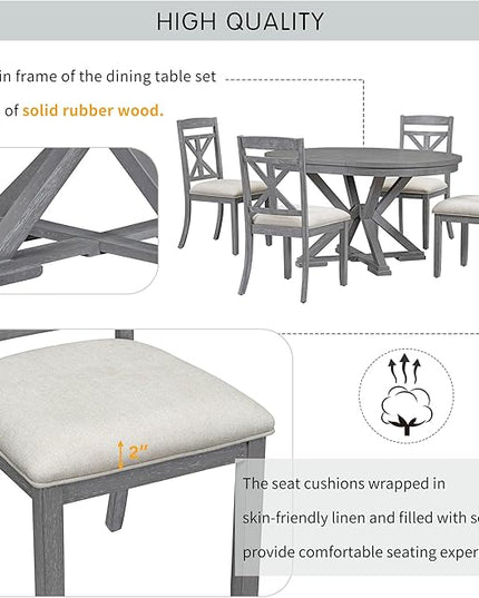 Merax Dining Set with Extendable Round Table and 4 Upholstered Chairs, Grey, 5-Piece Retro, Gray - LeafyLoom