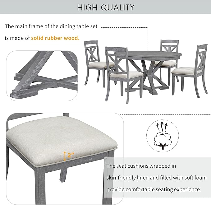 Retro Style 5 Piece Set with Extendable Round Table and 4 Upholstered Chairs, Full Assembly Required and Easy Clean, for Dining Room, Kitchen, Grey 34 - LeafyLoom