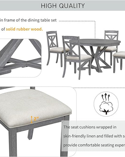 5-Piece Extendable Dining, Functional Retro Style Round Table Set with 4 Upholstered Chairs for Kitchen Living Room, Gray - LeafyLoom