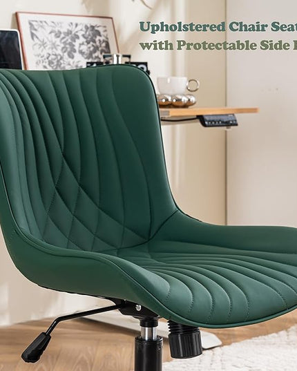 YOUTASTE Dark Green Office Chair Modern Armless Desk Chair with Wheels, Adjustable Swivel Rocking Rolling Computer Gaming Chair, Upholstered Faux Leather Sewing Chairs with Back - LeafyLoom