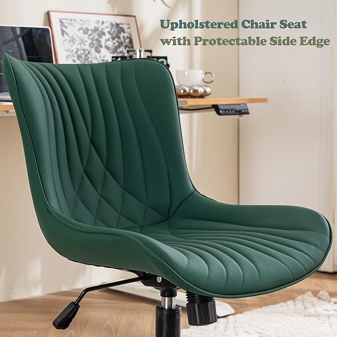 YOUTASTE Dark Green Office Chair Modern Armless Desk Chair with Wheels, Adjustable Swivel Rocking Rolling Computer Gaming Chair, Upholstered Faux Leather Sewing Chairs with Back - LeafyLoom