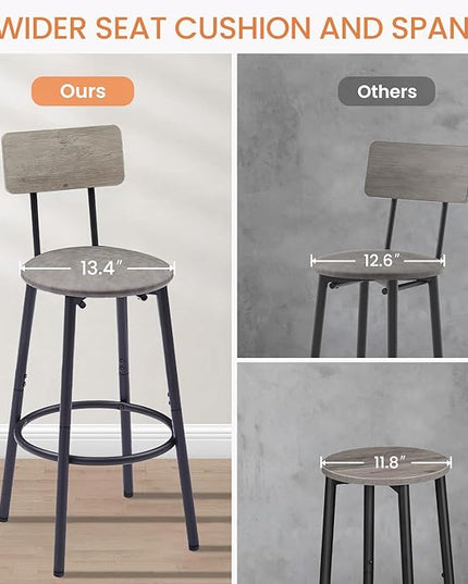 3 Pieces Bistro Table and Chairs Set, Industrial Counter Height Round Bar Table with Storage Shelf, 2 PU Upholstered Seat Stools with Backrest & Footrest, for Kitchen, Bar, Small Space, Grey - LeafyLoom
