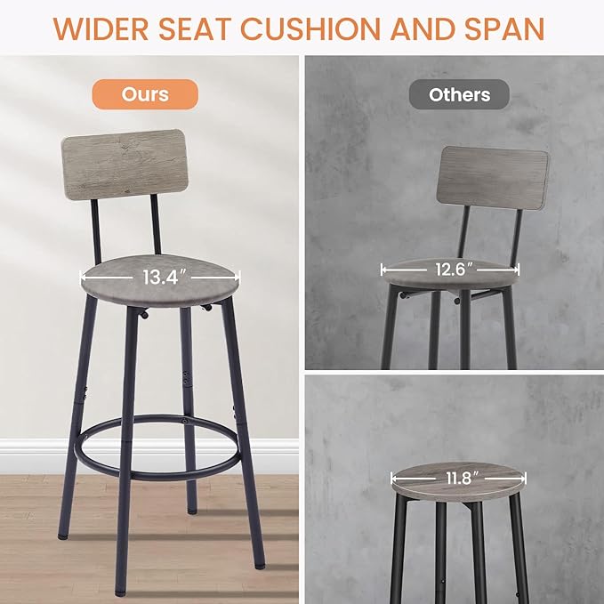 3 Pieces Bistro Table and Chairs Set, Industrial Counter Height Round Bar Table with Storage Shelf, 2 PU Upholstered Seat Stools with Backrest & Footrest, for Kitchen, Bar, Small Space, Grey - LeafyLoom