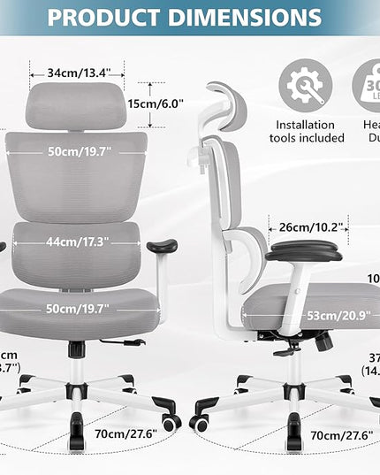 Primy Office Chair Ergonomic Desk Chair, High Back Computer Gaming Chair, Comfy Big and Tall Home Office Chair with Lumbar Support, Breathable Mesh Reclining Chair Adjustable Armrests Headrest(Gray) - LeafyLoom