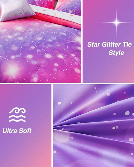 A Nice Night 6Pcs Gradient Glitter Bedding Set for Girls, Colorful Rainbow Galaxy Comforter Set, Ultra Soft Bedding Sets (Pink-Purple,Twin 6Pcs) - LeafyLoom