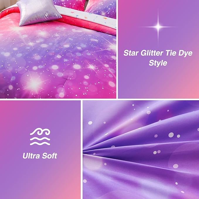 A Nice Night 6Pcs Gradient Glitter Bedding Set for Girls, Colorful Rainbow Galaxy Comforter Set, Ultra Soft Bedding Sets (Pink-Purple,Full 6Pcs) - LeafyLoom