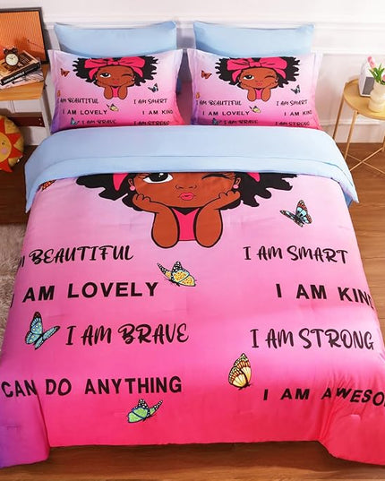 7 Piece Black Girls Magic Comforter Sets Queen Size African American Girl Bedding Set Bed in A Bag for Girls Kids Teens Inspirational Quotes Pink Blue Quilts Room Decor - LeafyLoom