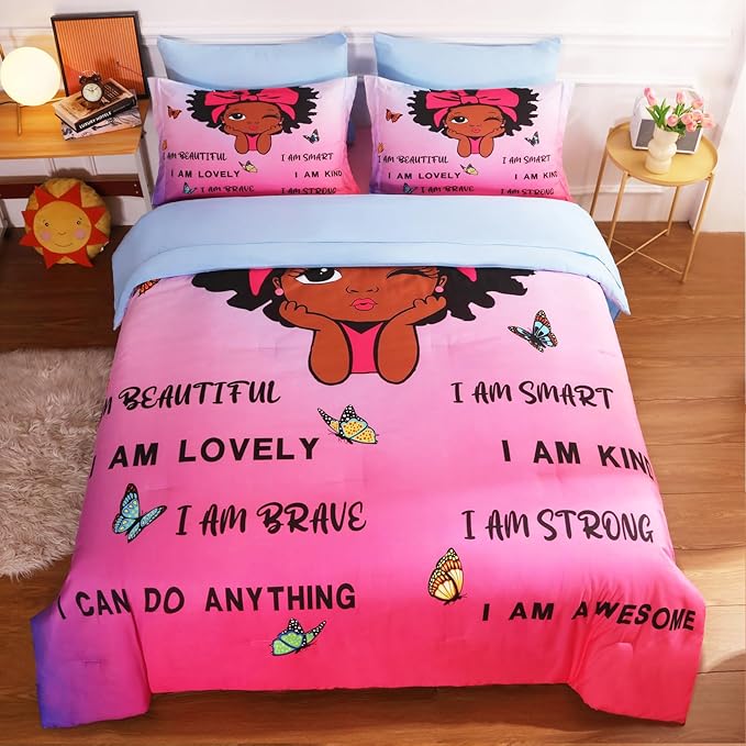 7 Piece Black Girls Magic Comforter Sets Queen Size African American Girl Bedding Set Bed in A Bag for Girls Kids Teens Inspirational Quotes Pink Blue Quilts Room Decor - LeafyLoom