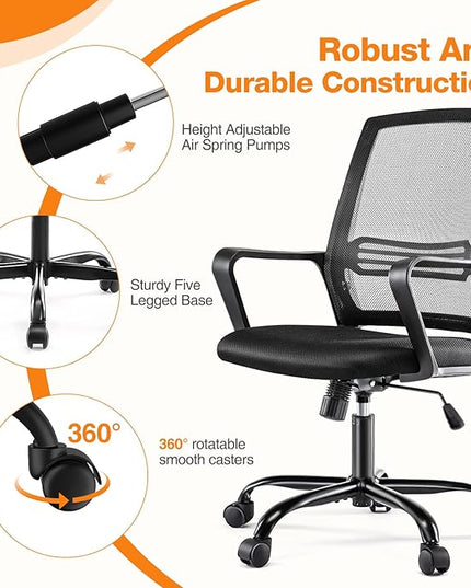 Home Office Chair, Mesh Mid High Back Ergonomic Computer Executive Task Desk with Lumbar Support, Armrest, Rocking Swivel Tilt Function, Wheels, Sponge Seat Cushions for Adult Black - LeafyLoom