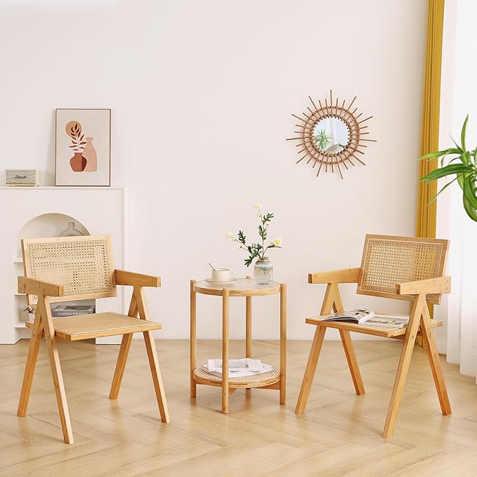 Rattan Dining Chairs Set of 2, Modern Mid Century Accent Chairs, Comfy Armchairs, Outdoor Rattan Chairs with Armrest for Bedroom Living Room Reading Room Dining Kitchen - LeafyLoom