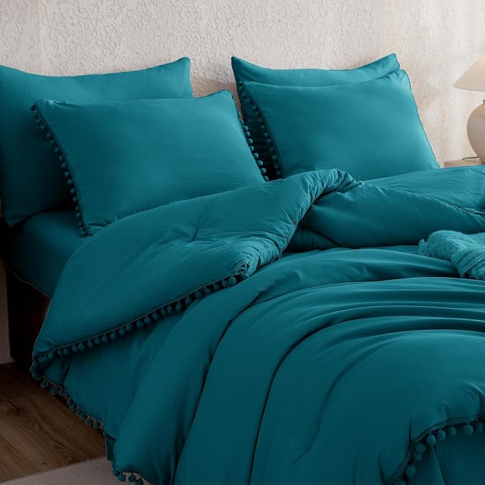 Litanika King Size Comforter Set Turquoise,3 Pieces Turquoise Boho Pom Pom Lightweight Bed Comforter, All Season Soft Solid Color Bedding Comforter Sets (1 Comforter 104x90 Inch, 2 Pillowcases) - LeafyLoom