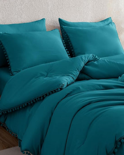 Litanika Queen Size Comforter Set Turquoise,3 Pieces Turquoise Boho Pom Pom Lightweight Bed Comforter, All Season Soft Solid Color Bedding Comforter Sets (1 Comforter 90x90 Inch, 2 Pillowcases) - LeafyLoom