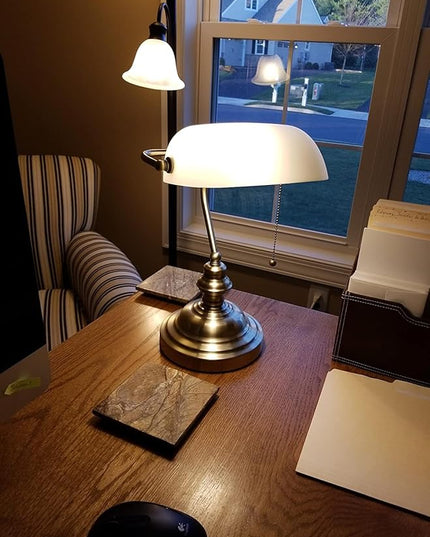 Newrays White Matted Glass Bankers Desk Lamp with Pull Chain Switch Plug in Fixture - LeafyLoom
