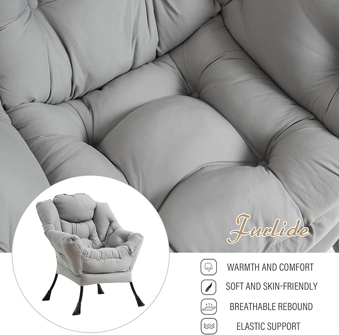 Lazy Chair with Ottoman, Modern Chair with Folding Footrest, Lounge Accent Chair, Comfortable Reading Chair (Peach Light Grey) - LeafyLoom