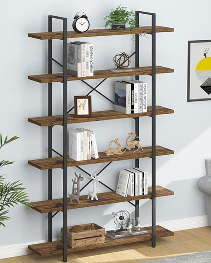HSH 6 Shelf Tall Bookcase, Industrial Modern Large 6 Tier Bookshelf, Open Wood and Metal Display & Storage Rack,Farmhouse Bookcases and Book Shelves 6 Shelf for Bedroom Living Room Office,Rustic Brown - LeafyLoom