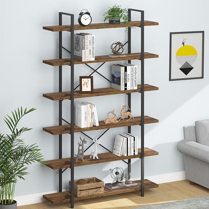 HSH 6 Shelf Tall Bookcase, Industrial Modern Large 6 Tier Bookshelf, Open Wood and Metal Display & Storage Rack,Farmhouse Bookcases and Book Shelves 6 Shelf for Bedroom Living Room Office,Rustic Brown - LeafyLoom