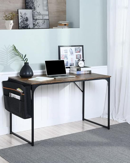 FurnitureR 39.4 inch Small Study Writing Table with Storage Bag Space Saving for Home Office, Modern PC Metal Frame Computer Desk, Brown - LeafyLoom