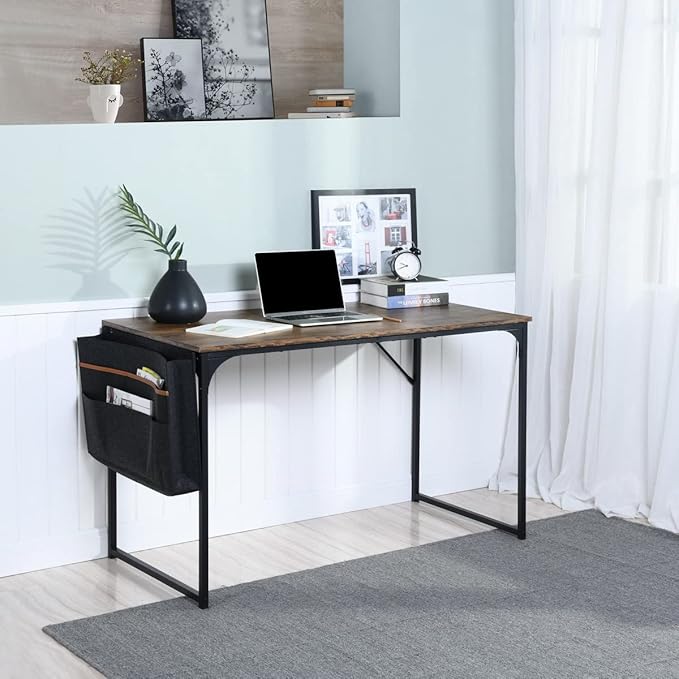FurnitureR 39.4 inch Small Study Writing Table with Storage Bag Space Saving for Home Office, Modern PC Metal Frame Computer Desk, Brown - LeafyLoom