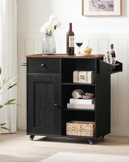 HOOBRO Kitchen Island, Storage Cabinet with Drawer, Kitchen Cart with Spice and Towel Rack, Saving Space, Easy Assembly, for Living Room, Rustic Brown and Black FB12ZD01 - LeafyLoom