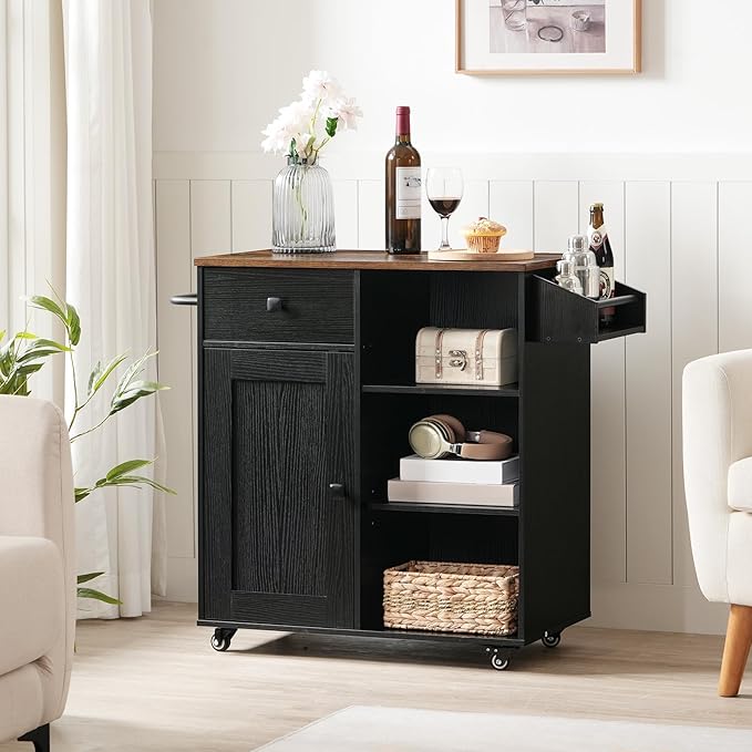 HOOBRO Kitchen Island, Storage Cabinet with Drawer, Kitchen Cart with Spice and Towel Rack, Saving Space, Easy Assembly, for Living Room, Rustic Brown and Black FB12ZD01 - LeafyLoom