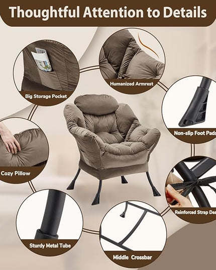 Lazy Chair Thick Padded, Accent Chair Velvet Upholstered with Wide Seat, Stable Metal Frame and Non-Slip Pad, Modern Sofa Armchair with Side Storage Bag for Dorm, Room, Office, Dark Gray - LeafyLoom