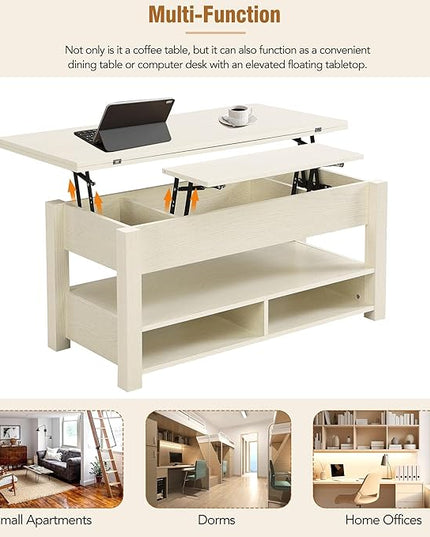 Lift Top Coffee Table, 3 in 1 Lift-Top Design Coffee Table with Open Shelves, Modern Center Tables for Living Room, Home, Office, Rustic Ivory - LeafyLoom