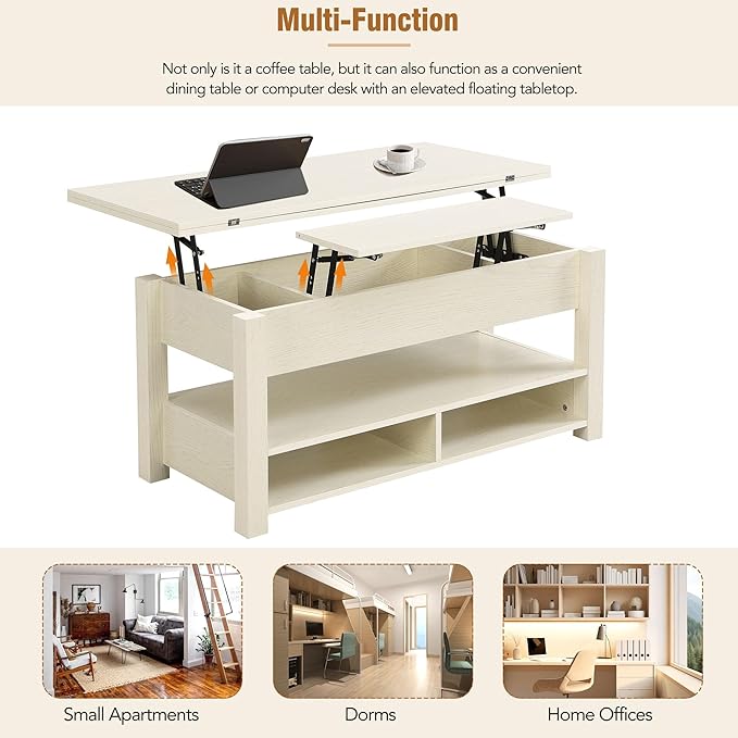 Lift Top Coffee Table, 3 in 1 Lift-Top Design Coffee Table with Open Shelves, Modern Center Tables for Living Room, Home, Office, Rustic Ivory - LeafyLoom