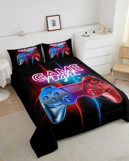 Boys Gaming Comforter Set Queen Size Teens Gamer Bedding Set Modern Blue Red Video Game Controller Comforter For Kids Children Youth Bedroom Decor Multi-Color Gamer Console Action Buttons Duvet Set - LeafyLoom