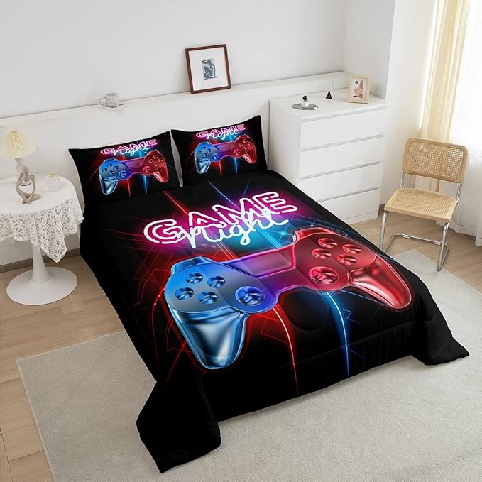 Boys Gaming Comforter Set Twin Size Teens Gamer Bedding Set Modern Blue Red Video Game Controller Comforter For Kids Children Youth Bedroom Decor Multi-Color Gamer Console Action Buttons Duvet Set - LeafyLoom