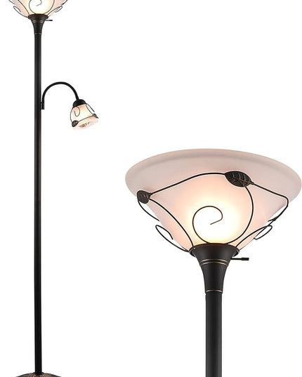 VONLUCE Torchiere Floor Lamp with Side Reading Light, 3-Way Switch Combo Antique Bronze Mother Daughter Floor Lamp with Glass Shade, 71" Desk Floor Lamp for Living Room Corner Bedroom Home Office - LeafyLoom
