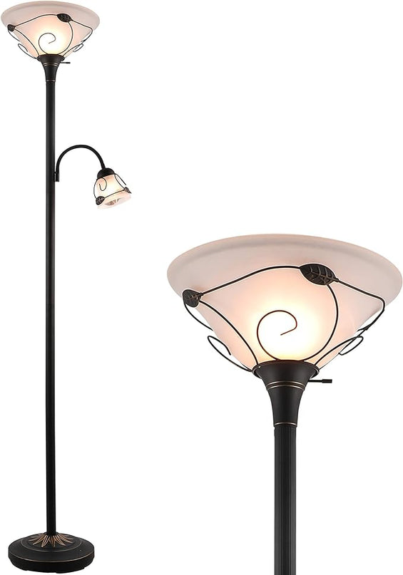 VONLUCE Torchiere Floor Lamp with Side Reading Light, 3-Way Switch Combo Antique Bronze Mother Daughter Floor Lamp with Glass Shade, 71" Desk Floor Lamp for Living Room Corner Bedroom Home Office - LeafyLoom