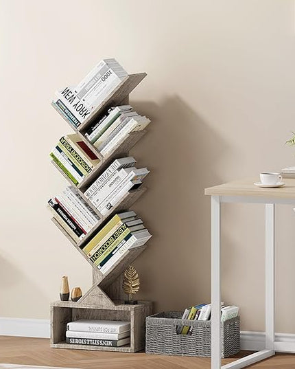 Vagusicc 6 Tier Tree Bookshelf, Modern Floor Standing Bookcase with Storage Drawer, Tall Wood Book Storage Rack for CDs/Books, Utility Book Organizer Shelves for Bedroom/Living Room/Home Office/Corner - LeafyLoom