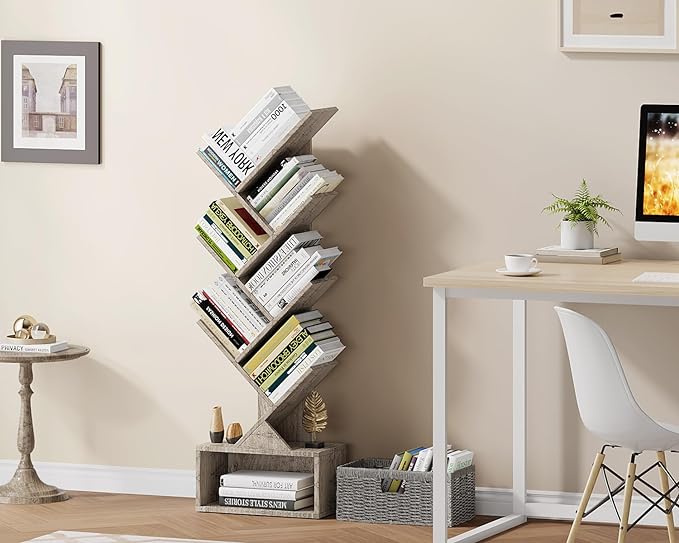 Vagusicc 6 Tier Tree Bookshelf, Modern Floor Standing Bookcase with Storage Drawer, Tall Wood Book Storage Rack for CDs/Books, Utility Book Organizer Shelves for Bedroom/Living Room/Home Office/Corner - LeafyLoom