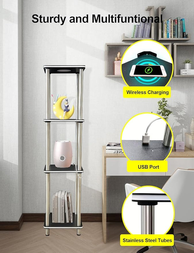 Kekeou RGBCW Floor Lamp with Shelves Tall Lamp Music Sync APP Control Standing Lamp with Wireless Charger & USB Port Color Changing Lamp with Shelves Work with Alexa Black 4 Tier - LeafyLoom