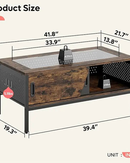 Bestier LED Coffee Table with Storage Glass Coffee Tables for Living Room with Sliding Doors, 42 Inch Rustic Brown Living Room Center Table - LeafyLoom