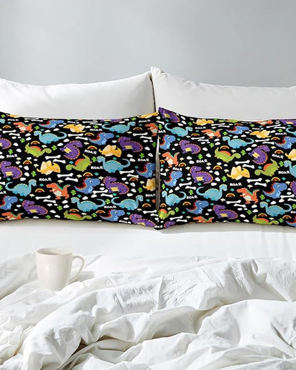 Dinosaur Comforter Set Queen - Cartoon Dinosaur Bedding Boys Comforter Set Soft Breathable Dinosaur Quilt Kids Queen Size Bedding Set for All Season, 1 Comforter 2 Pillowcase - LeafyLoom