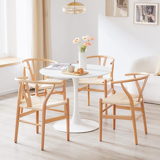 Farini Rattan Chairs for Dining Room Wishbone Chair Solid Wood Armchairs Y Shaped Backrest Hemp Seat for Home Restaurant Fully-Assembled(Set of 2,Nature-Beige Seat) - LeafyLoom