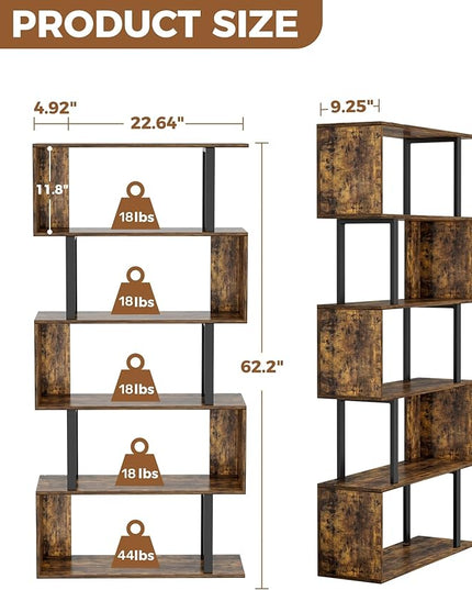 Gadroad 5-Tier Geometric Bookcase,S Shaped Bookshelf, Wood Decorative Storage Shelving, Modern Freestanding Display Shelves, Tall Book Shelf Unit for Living Room Bedroom, Rustic Brown - LeafyLoom