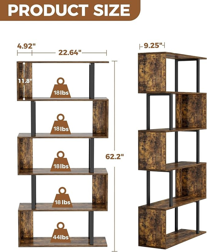 Gadroad 5-Tier Geometric Bookcase,S Shaped Bookshelf, Wood Decorative Storage Shelving, Modern Freestanding Display Shelves, Tall Book Shelf Unit for Living Room Bedroom, Rustic Brown - LeafyLoom