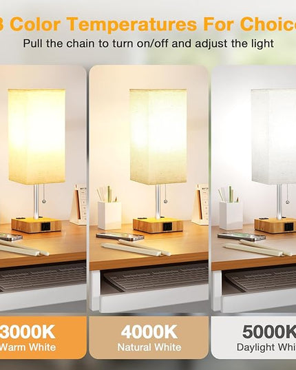aooshine Beige Small Table Lamp for Bedroom - 3 Color Temperature 3000K 5000K 4000K Bedside Lamp, Pull Chain Control, USB A and C Ports and AC Outlets, Wood-grain Base, Bulb Included - LeafyLoom
