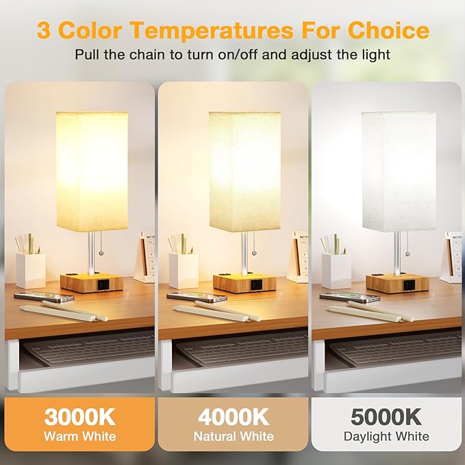 aooshine Beige Small Table Lamp for Bedroom - 3 Color Temperature 3000K 5000K 4000K Bedside Lamp, Pull Chain Control, USB A and C Ports and AC Outlets, Wood-grain Base, Bulb Included - LeafyLoom